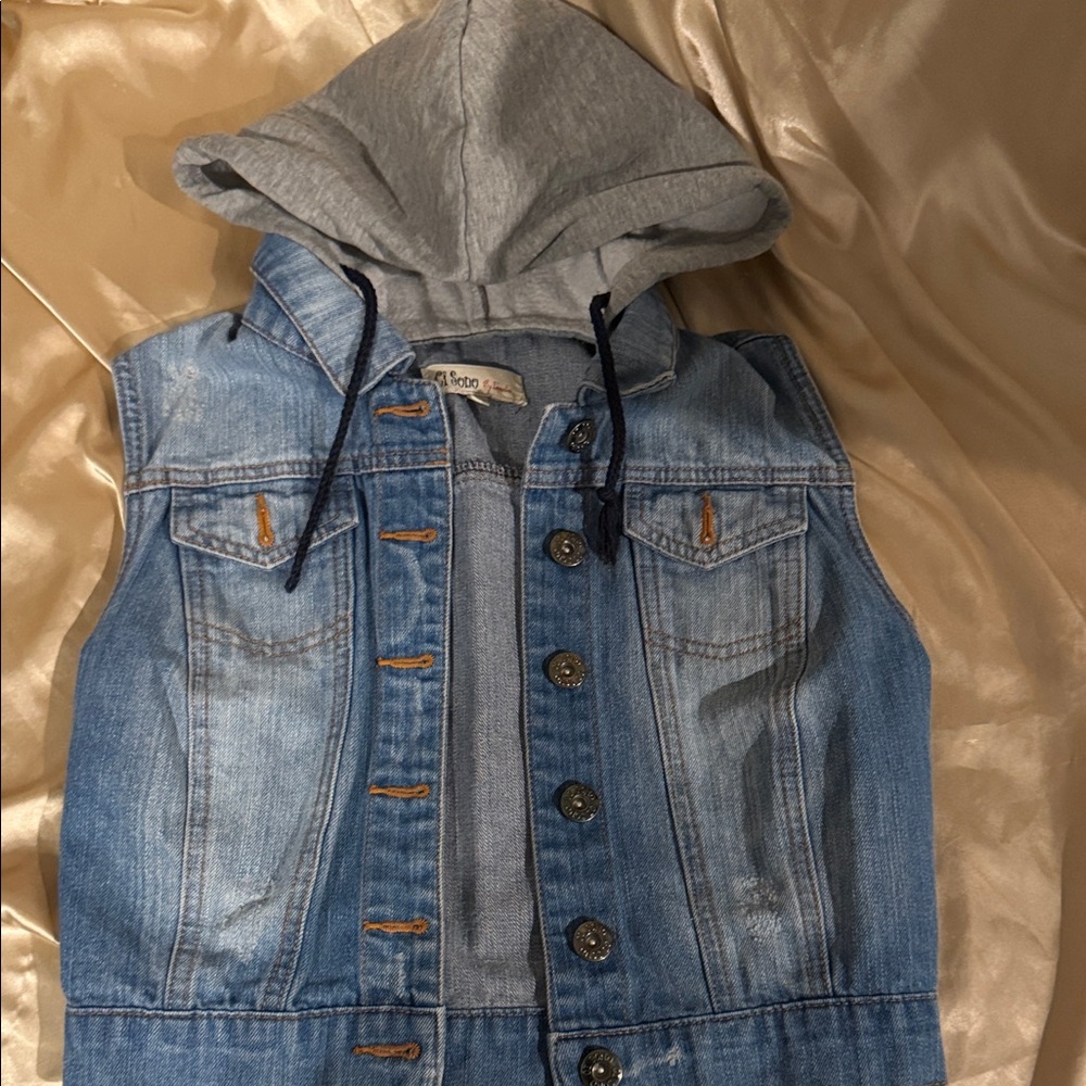Stylish Denim Vest with Gray Hood